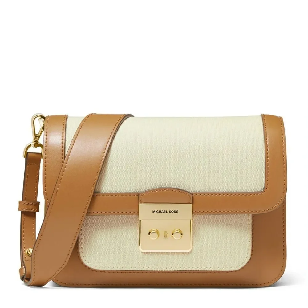 New! MICHAEL KORS Sloan Editor Leather Canvas Crossbody Bag NWT Natural/Acorn